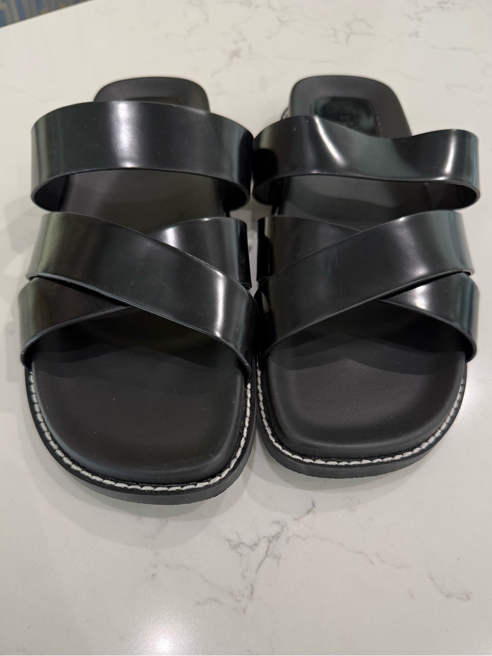 Never Worn Zara Black Slide Sandals with Embossed Logo - Picture 3 of 6